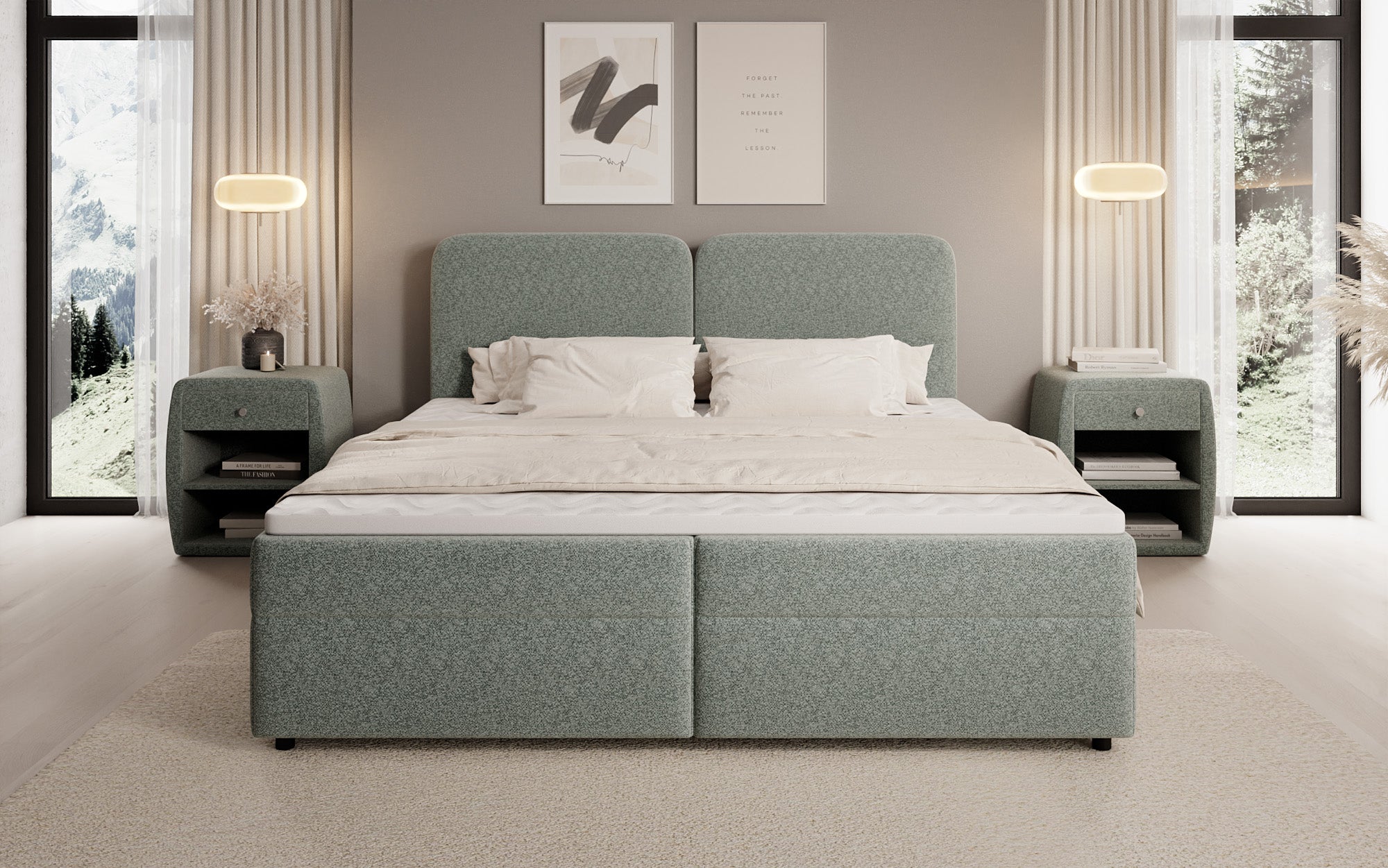 Boxspringbed Mira in structuurstof met opbergruimte