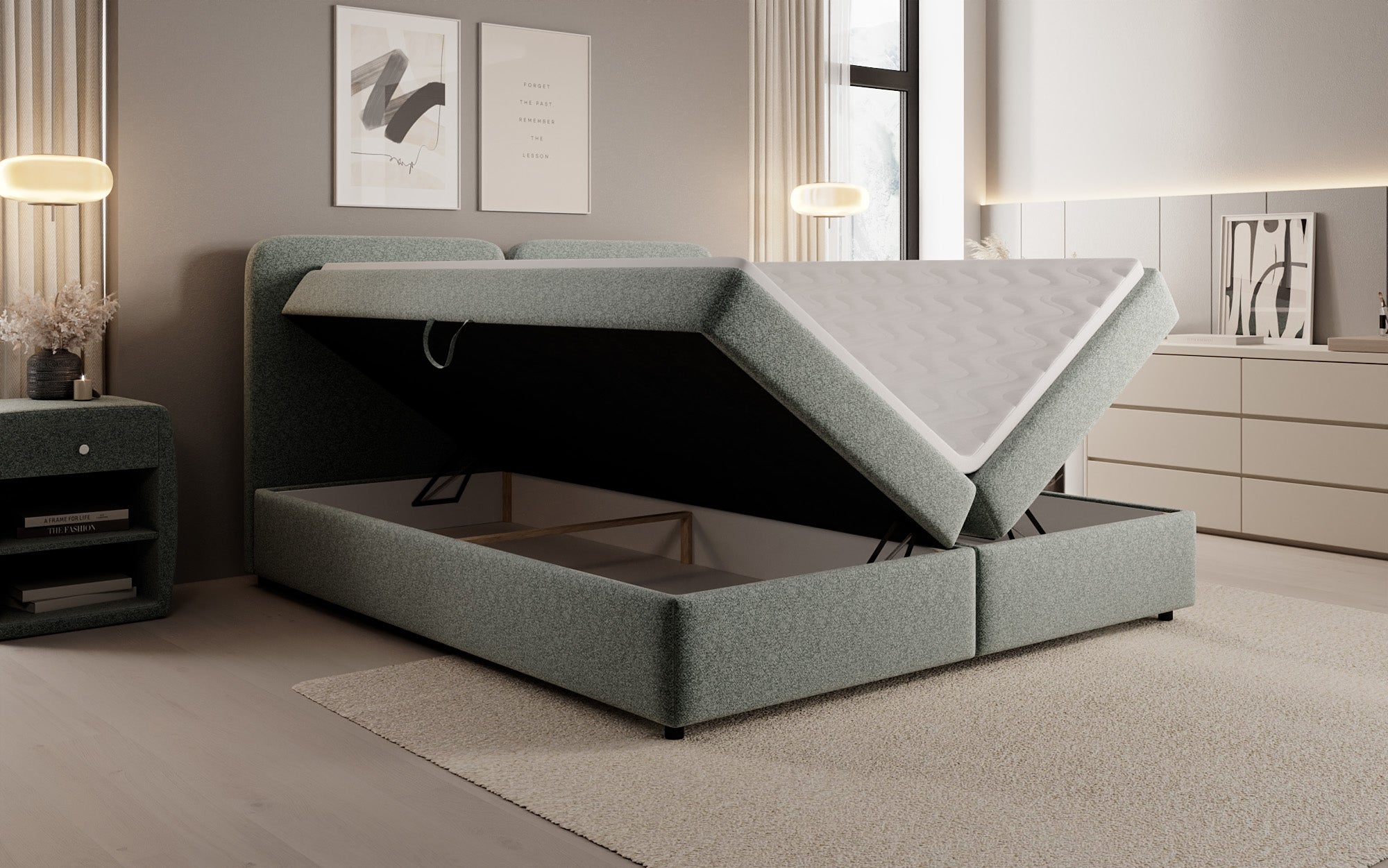 Boxspringbed Mira in structuurstof met opbergruimte