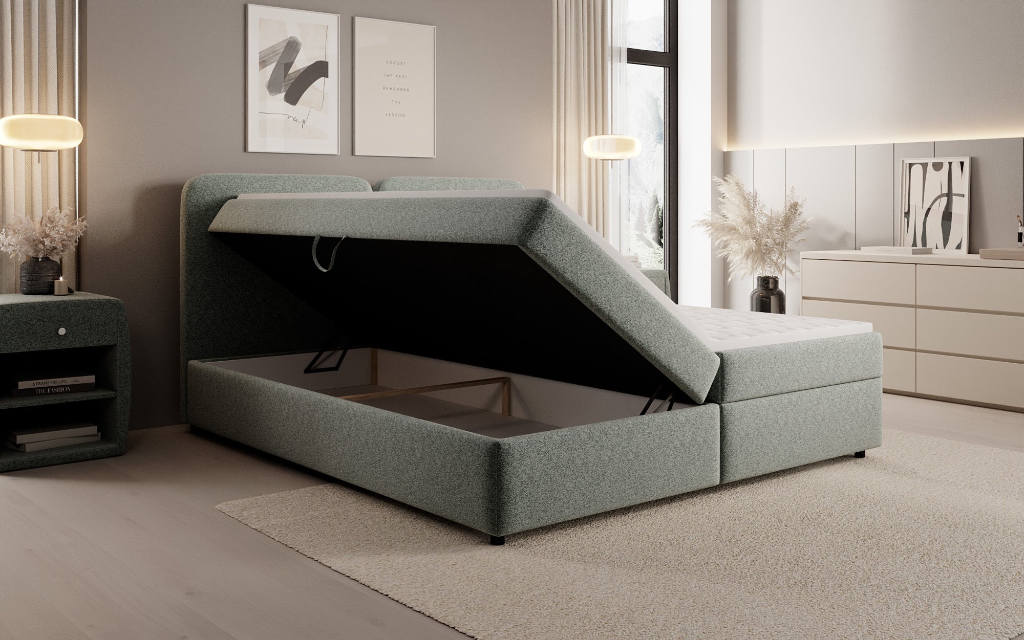 Boxspringbed Mira in structuurstof met opbergruimte