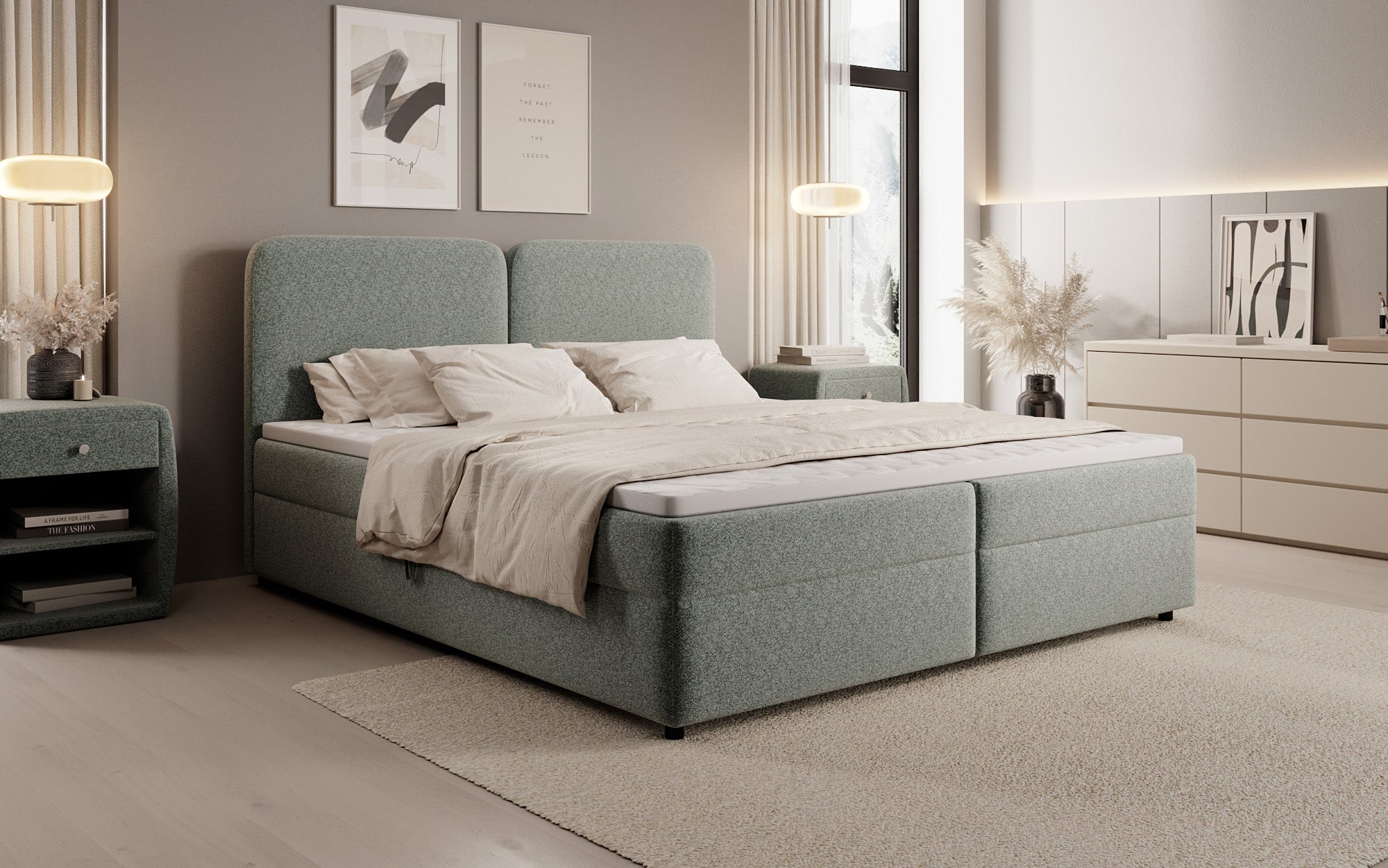 Boxspringbed Mira in structuurstof met opbergruimte