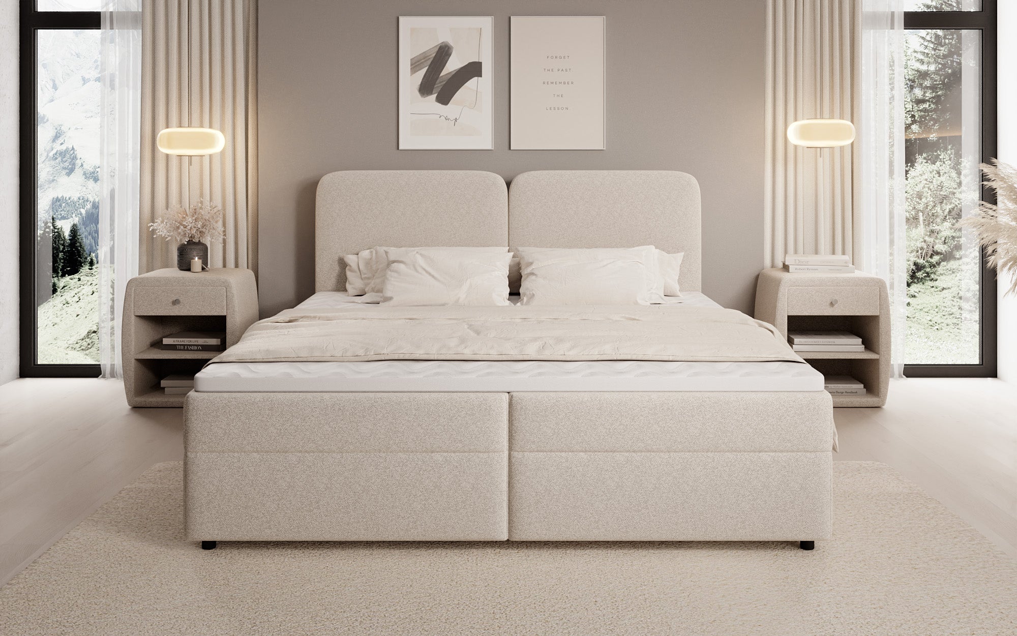 Boxspringbed Mira in structuurstof met opbergruimte