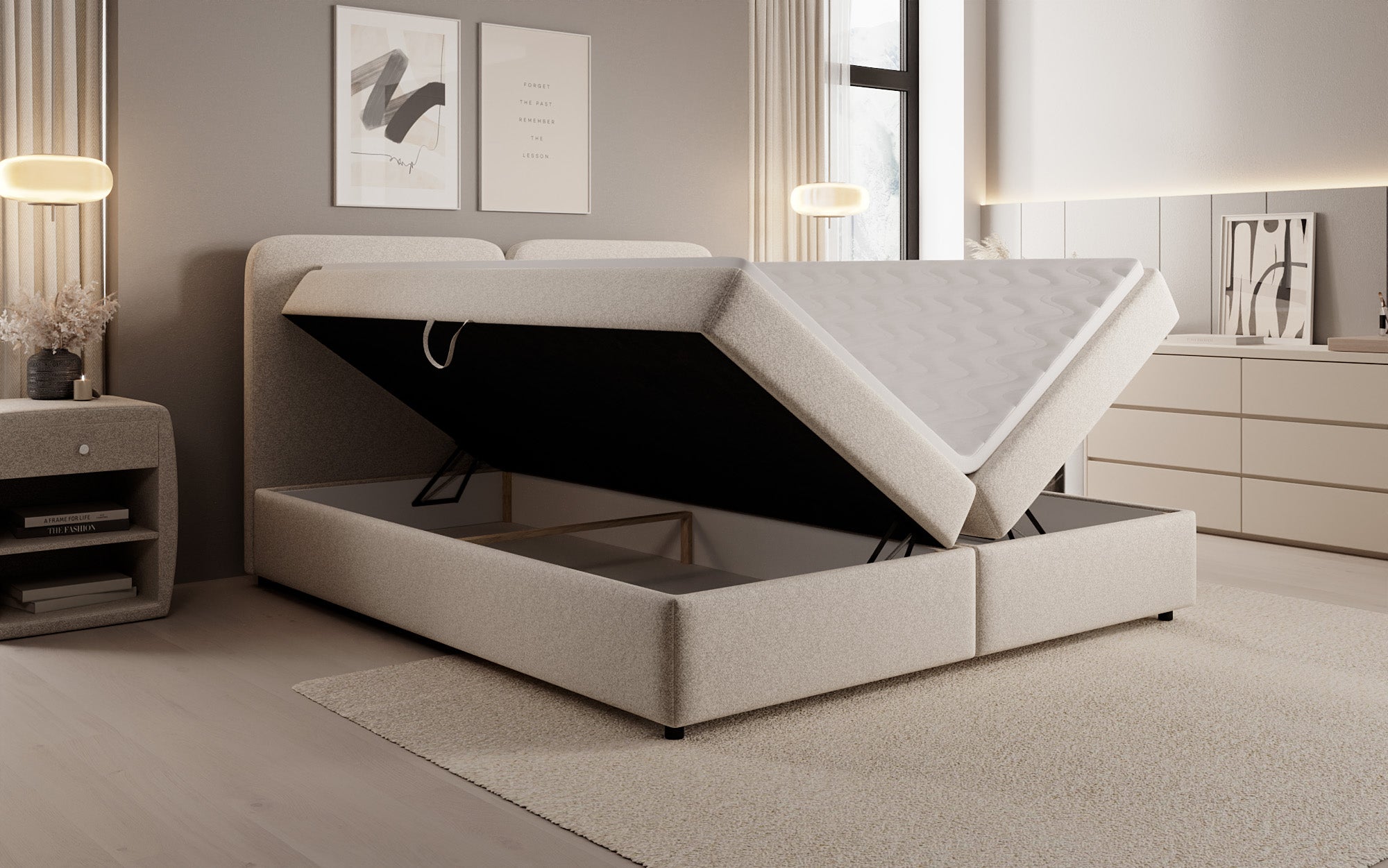 Boxspringbed Mira in structuurstof met opbergruimte