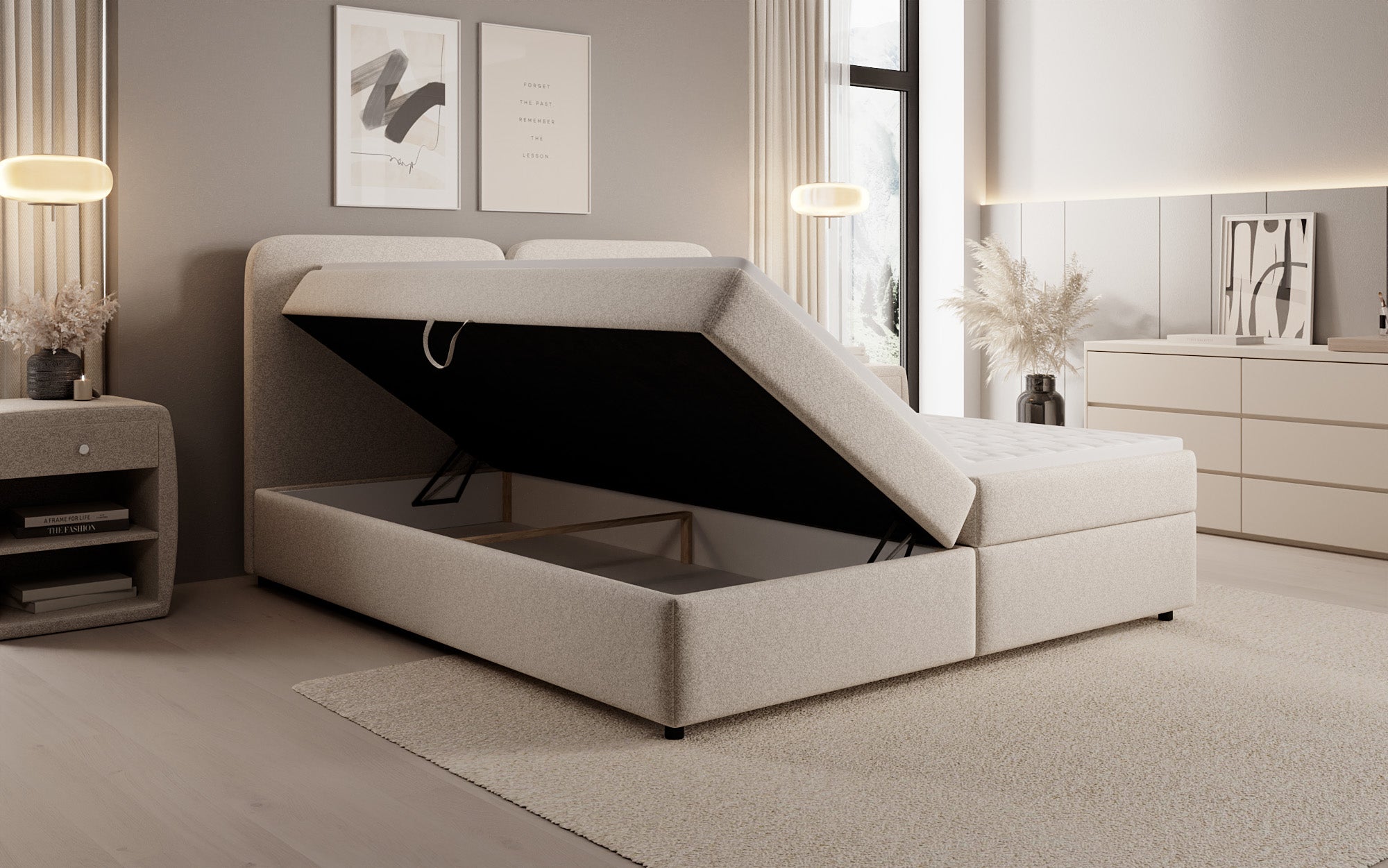 Boxspringbed Mira in structuurstof met opbergruimte