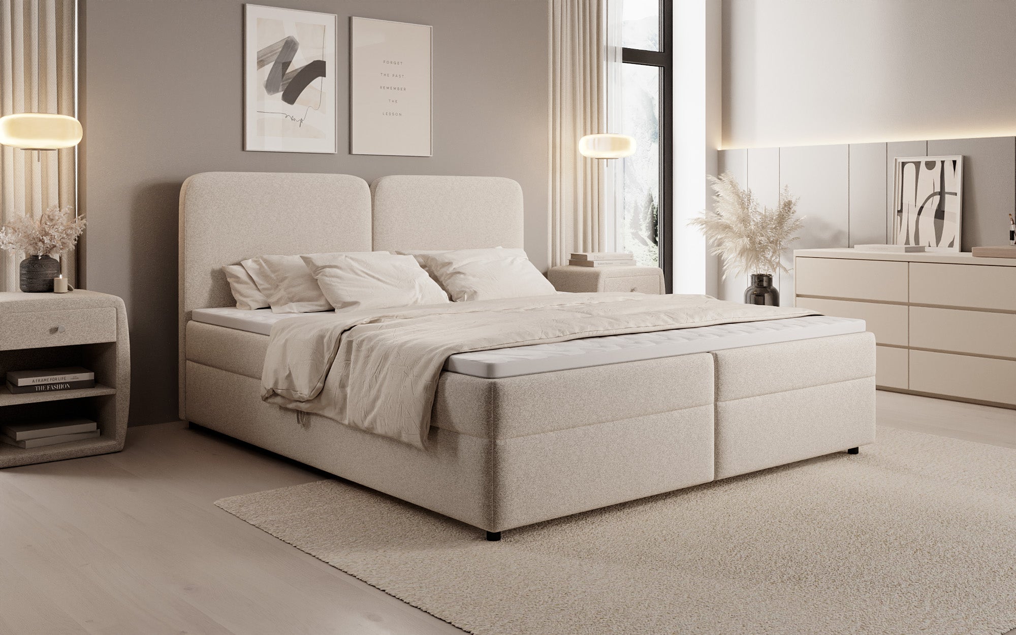 Boxspringbed Mira in structuurstof met opbergruimte