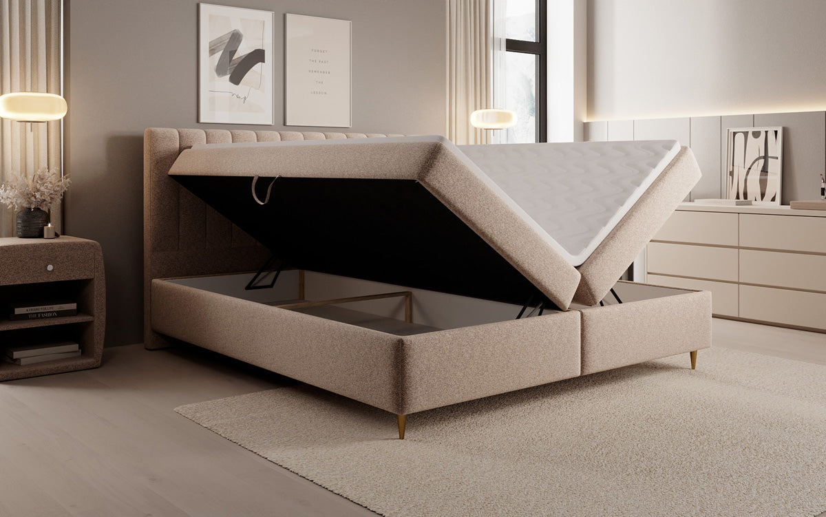 Boxspringbed Chelsea in structuurstof met opbergruimte