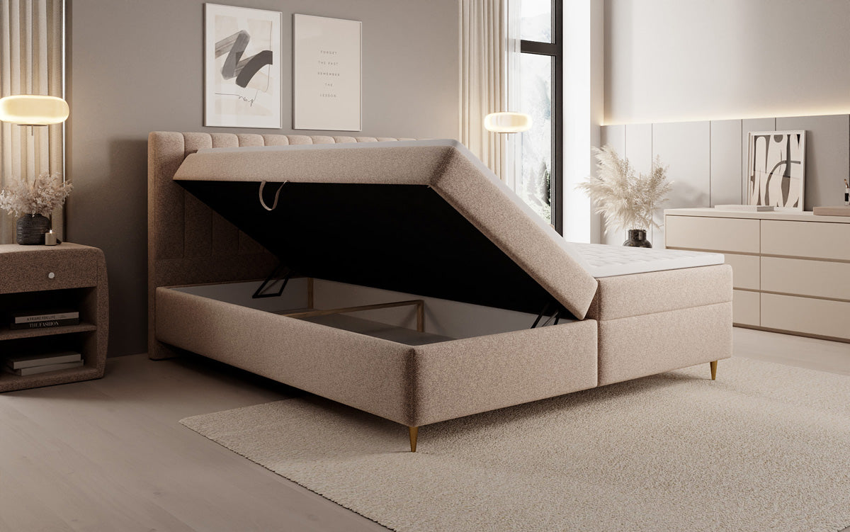 Boxspringbed Chelsea in structuurstof met opbergruimte