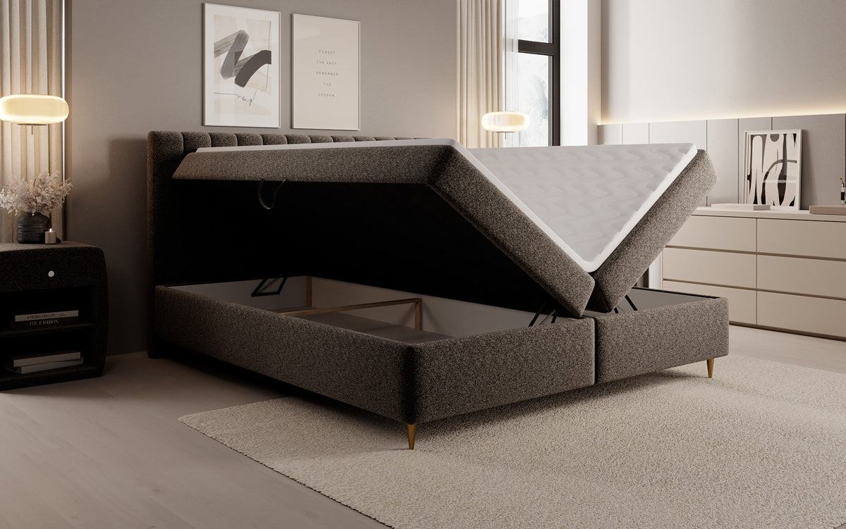 Boxspringbed Chelsea in structuurstof met opbergruimte