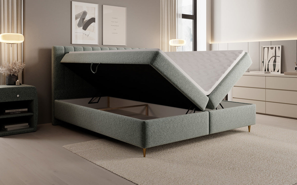 Boxspringbed Chelsea in structuurstof met opbergruimte