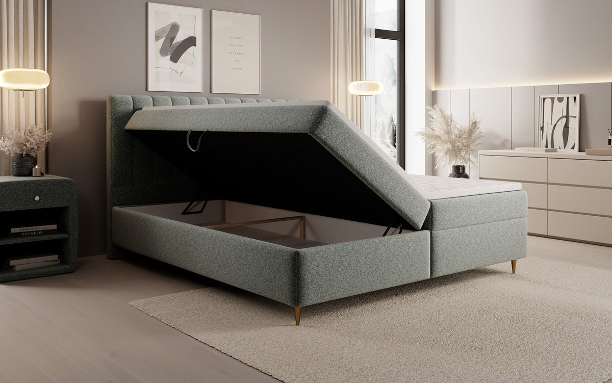 Boxspringbed Chelsea in structuurstof met opbergruimte