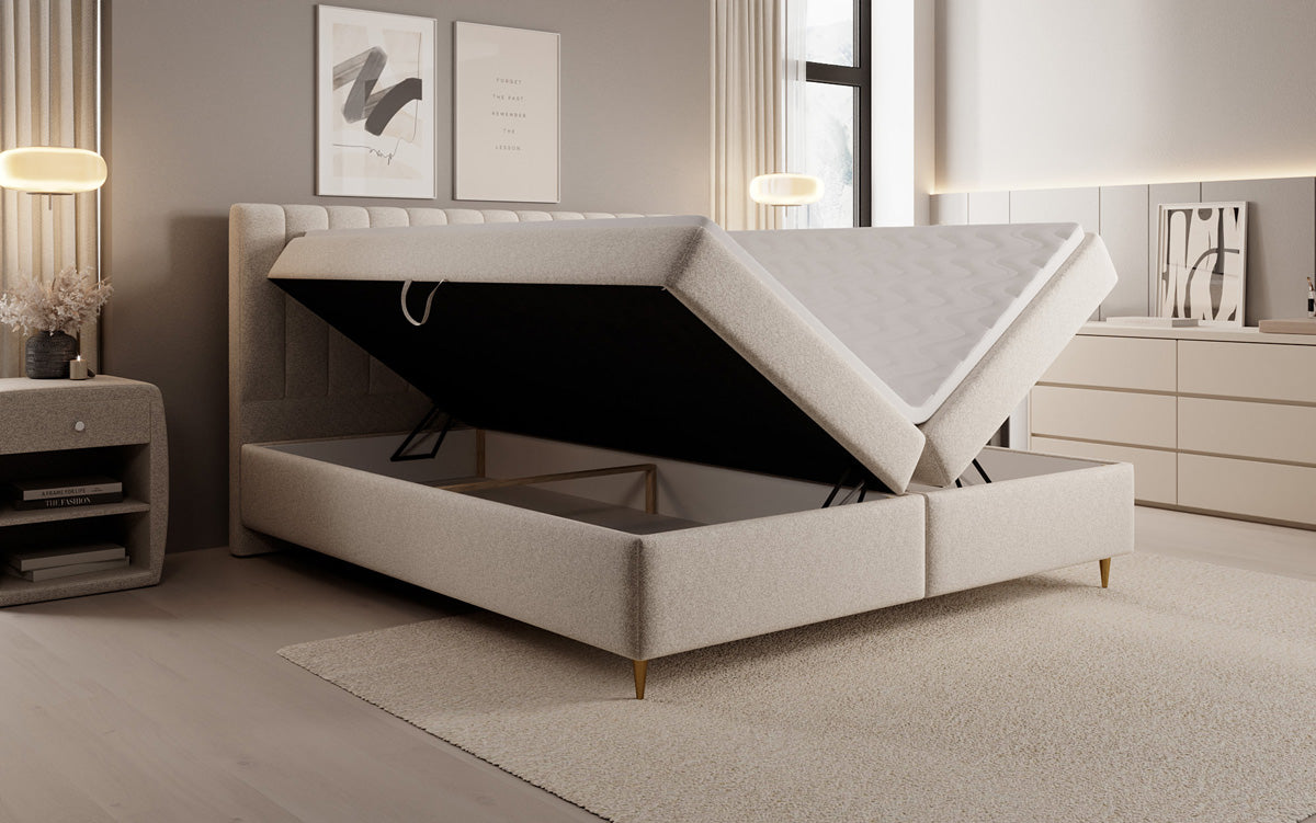 Boxspringbed Chelsea in structuurstof met opbergruimte