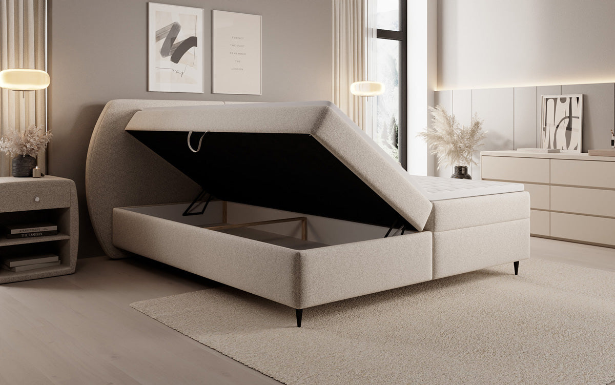 Boxspringbed Nara in structuurstof met opbergruimte