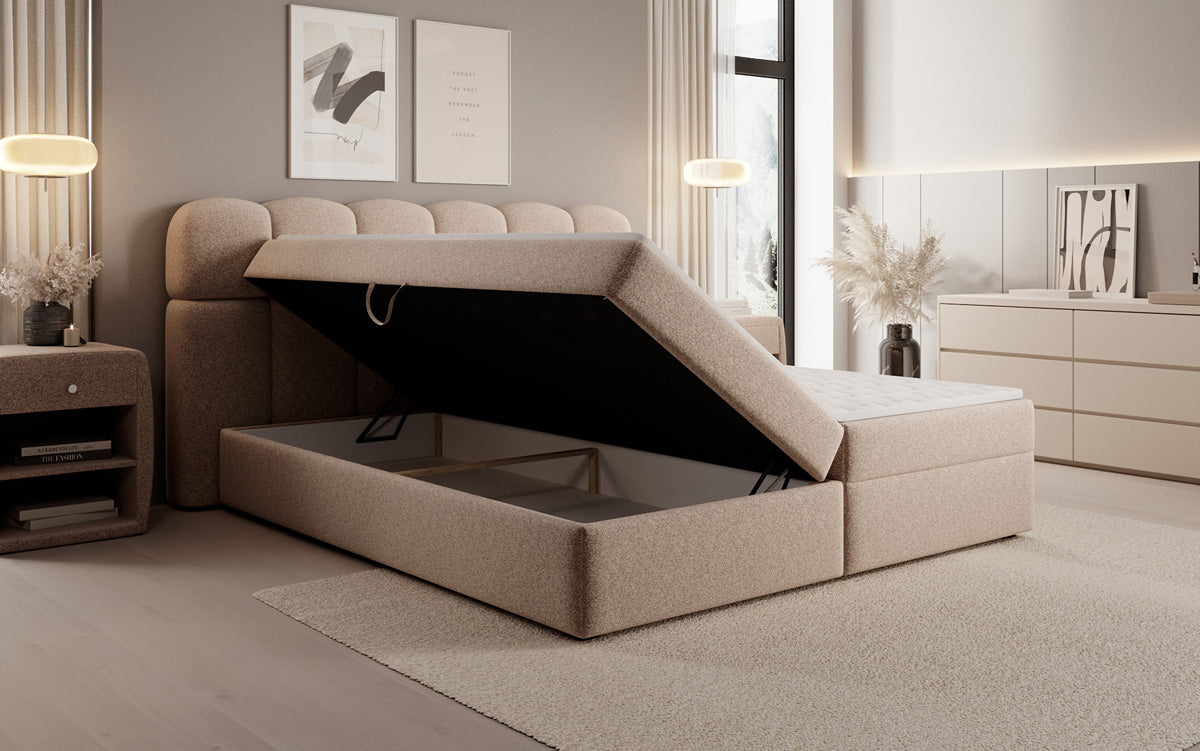Boxspringbed Tilde in structuurstof met opbergruimte