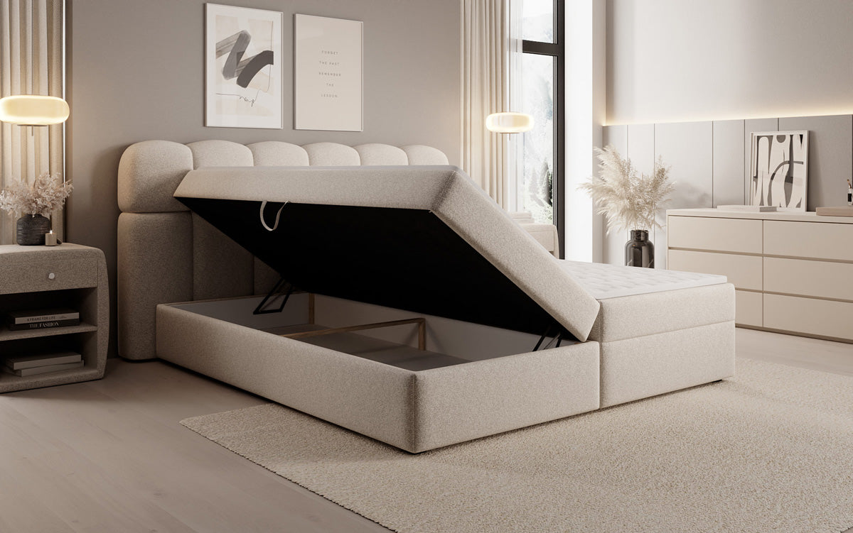 Boxspringbed Tilde in structuurstof met opbergruimte