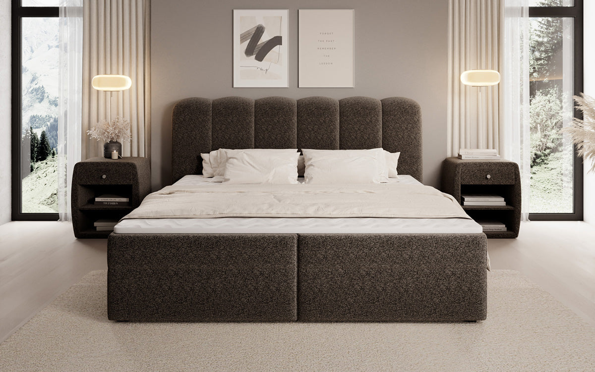 Boxspringbed Bologna in structuurstof met opbergruimte