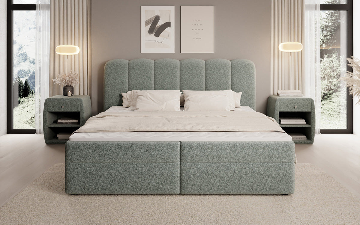 Boxspringbed Bologna in structuurstof met opbergruimte