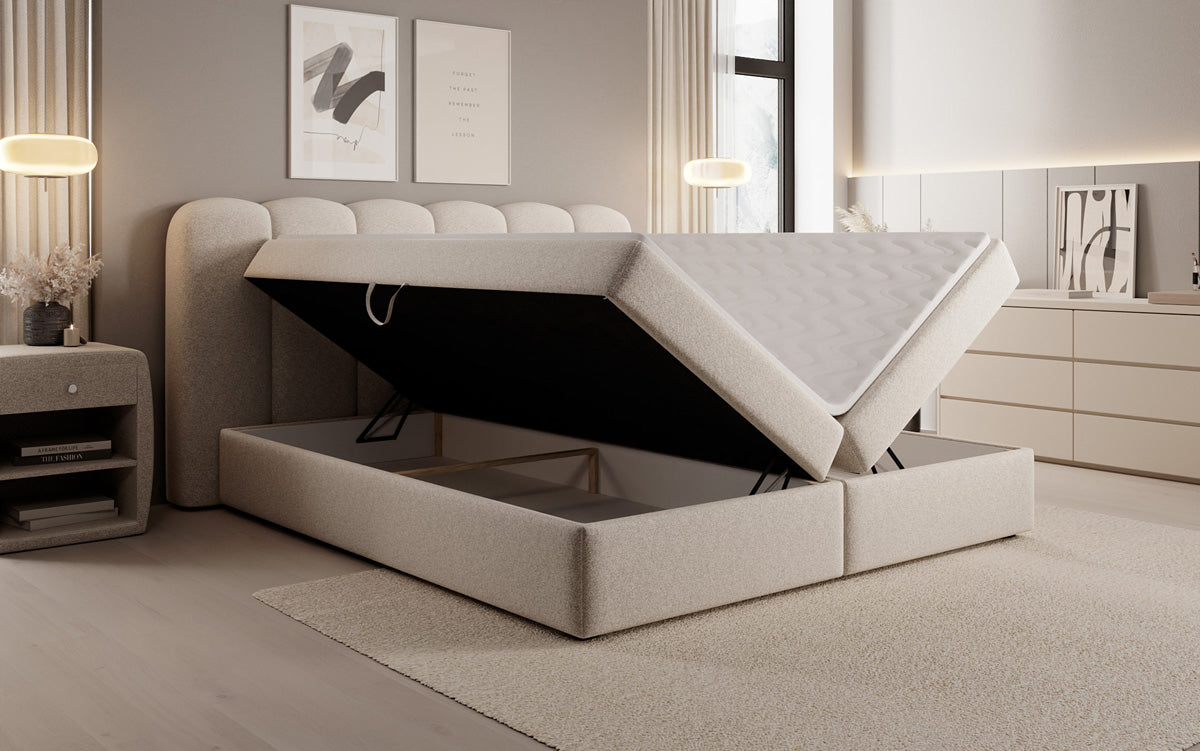 Boxspringbed Bologna in structuurstof met opbergruimte