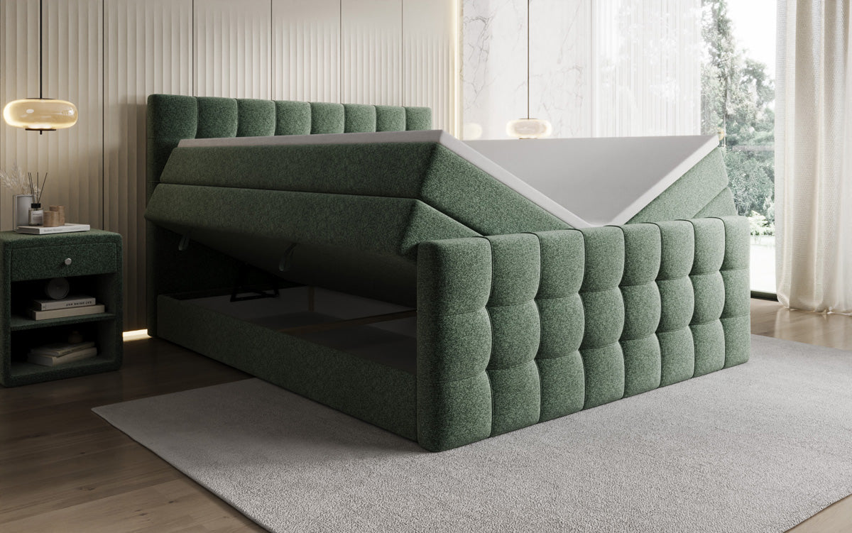 Boxspringbed Ascot in structuurstof met opbergruimte