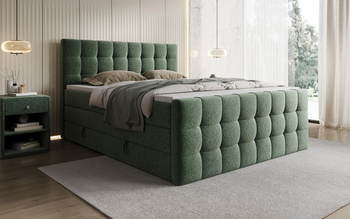 Boxspringbed Ascot in structuurstof met opbergruimte