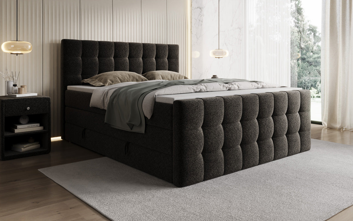 Boxspringbed Ascot in structuurstof met opbergruimte