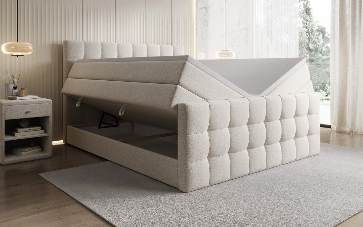 Boxspringbed Ascot in structuurstof met opbergruimte
