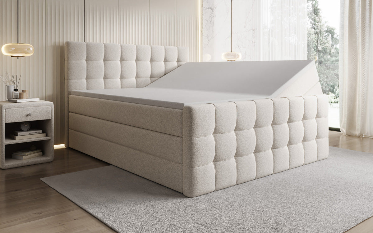 Boxspringbed Ascot in structuurstof met opbergruimte