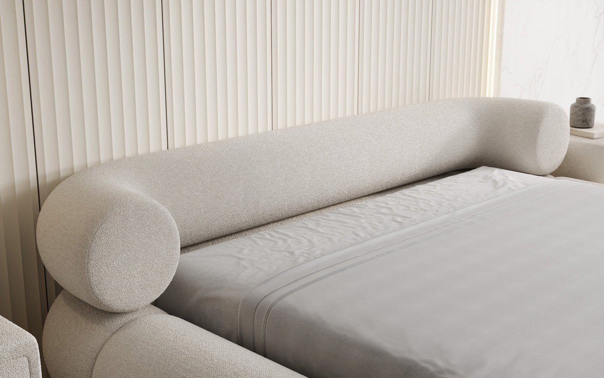 Designer gestoffeerd bed Mochi in Teddystof Bouclé met opbergruimte