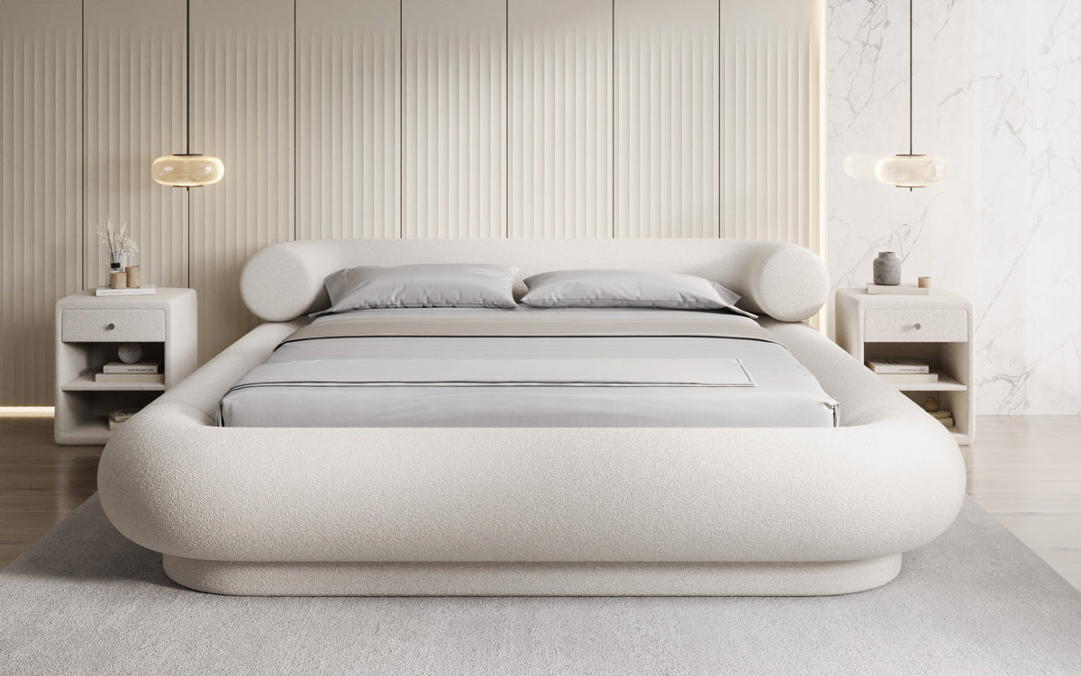 Designer gestoffeerd bed Mochi in Teddystof Bouclé met opbergruimte