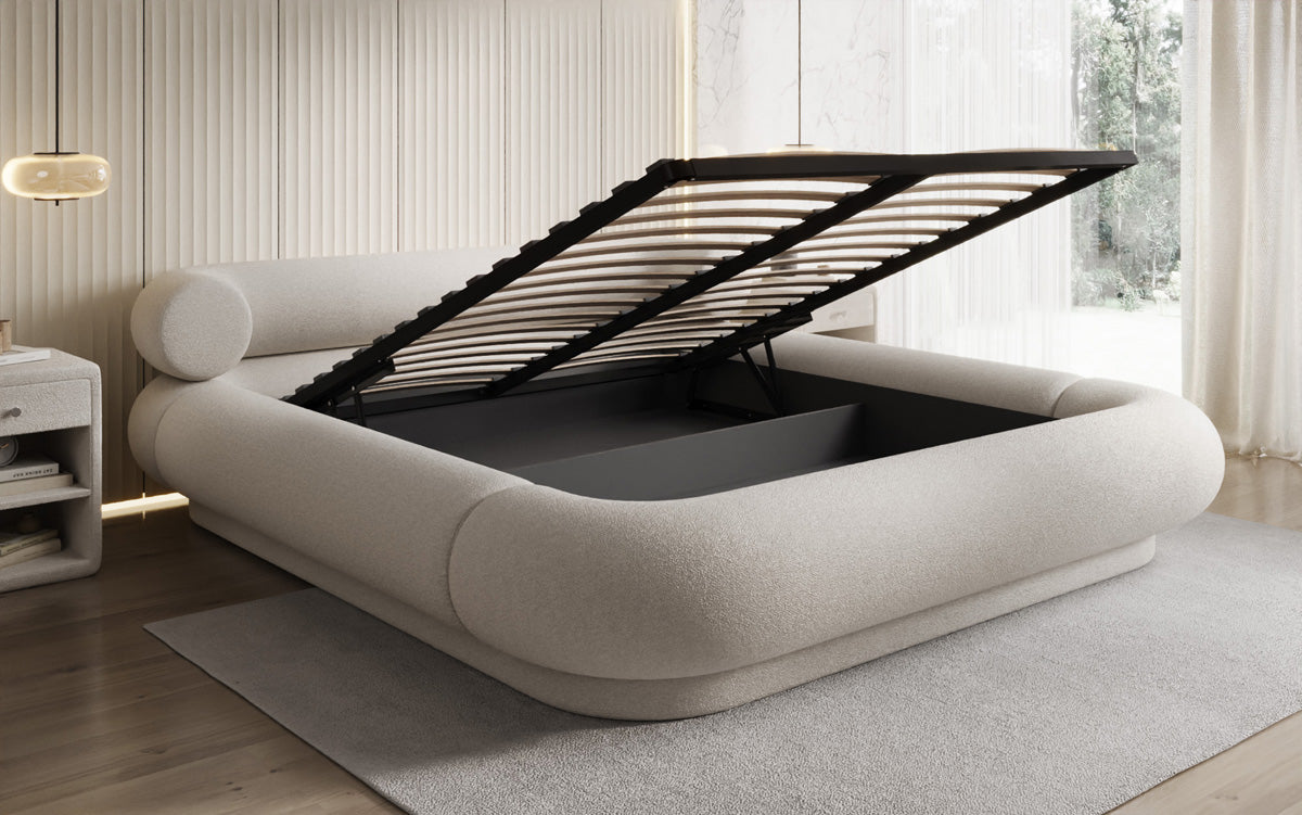 Designer gestoffeerd bed Mochi in Teddystof Bouclé met opbergruimte