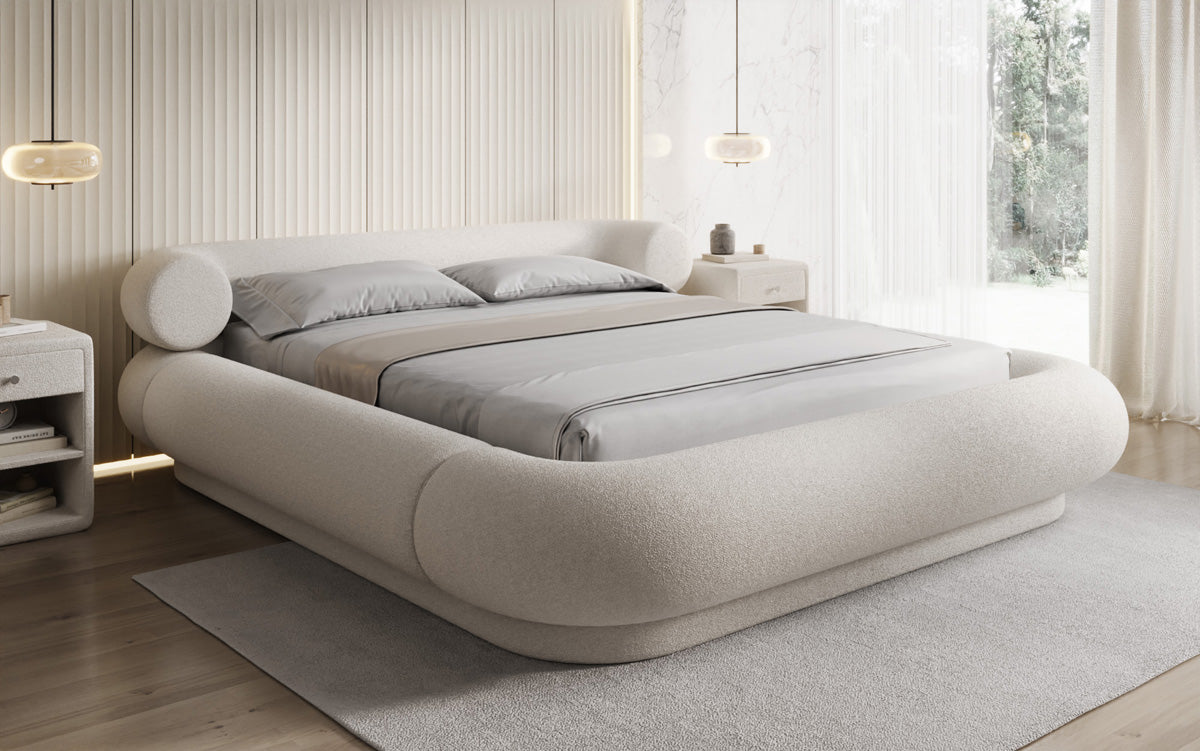 Designer gestoffeerd bed Mochi in Teddystof Bouclé met opbergruimte