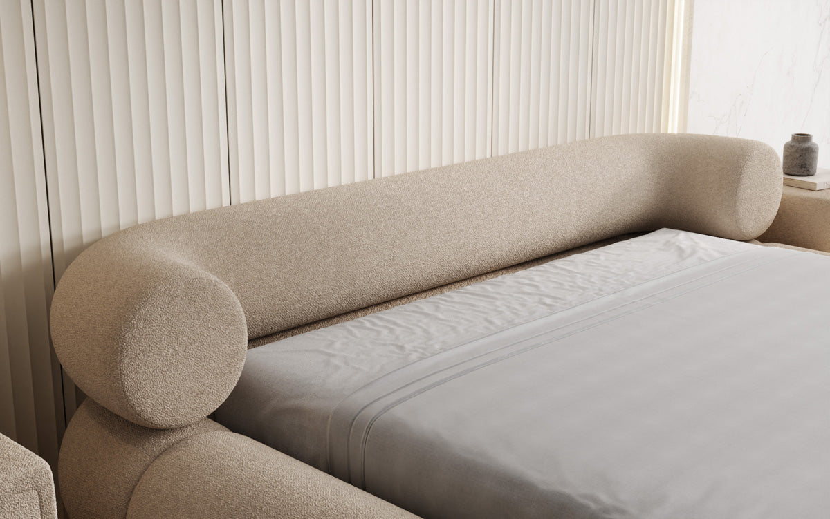 Designer gestoffeerd bed Mochi in Teddystof Bouclé met opbergruimte