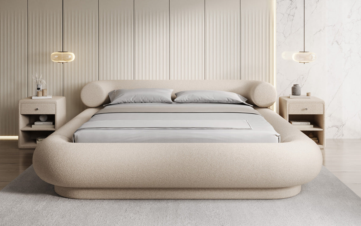 Designer gestoffeerd bed Mochi in Teddystof Bouclé met opbergruimte