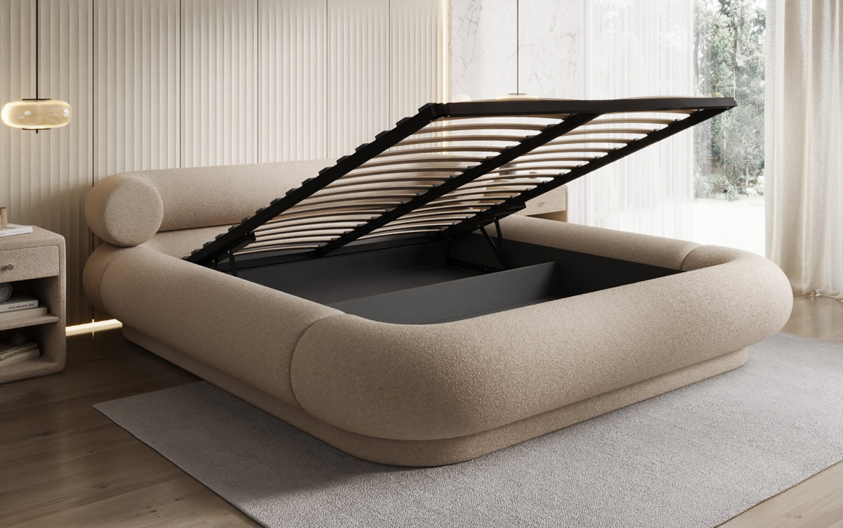 Designer gestoffeerd bed Mochi in Teddystof Bouclé met opbergruimte