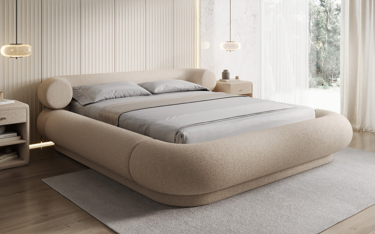 Designer gestoffeerd bed Mochi in Teddystof Bouclé met opbergruimte
