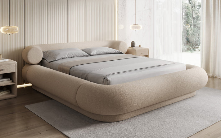 Designer gestoffeerd bed Mochi in Teddystof Bouclé met opbergruimte