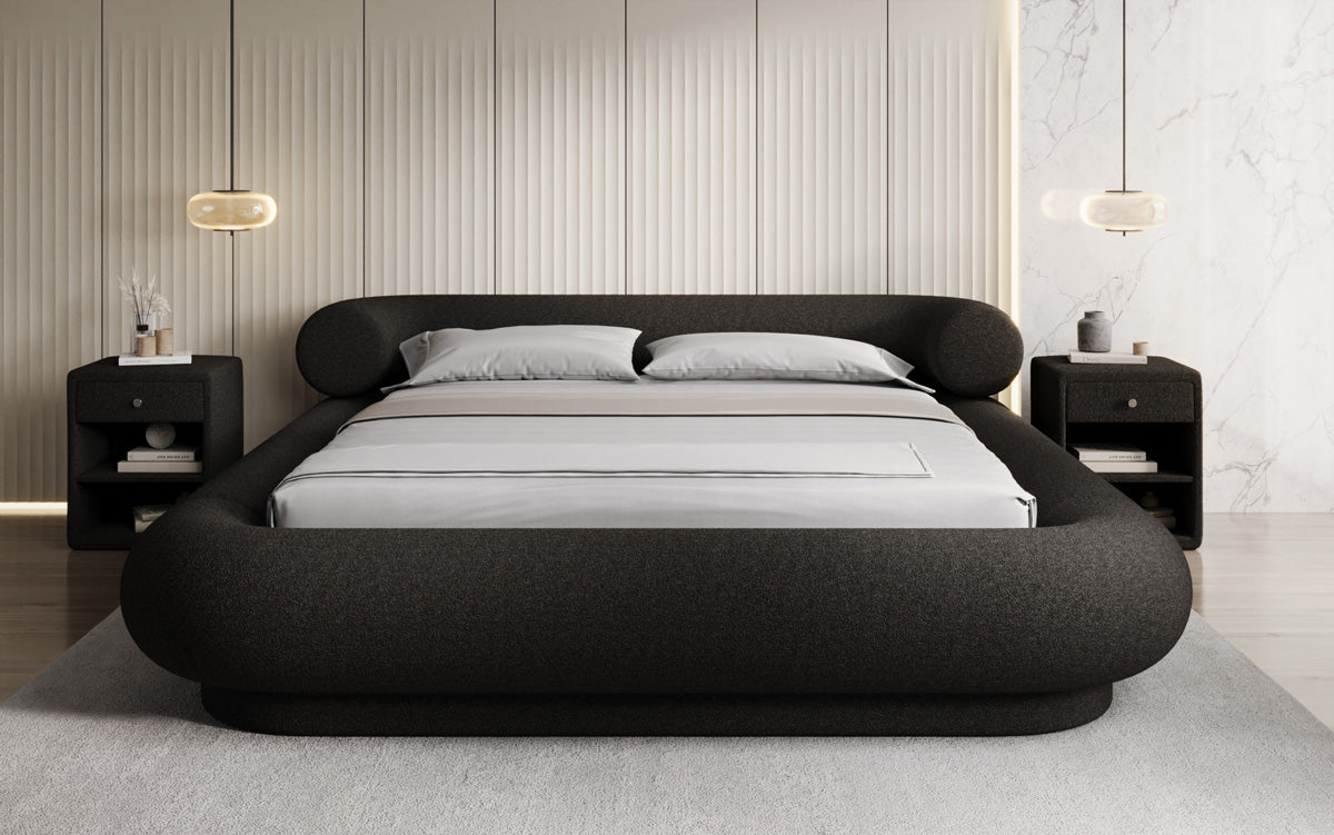 Designer gestoffeerd bed Mochi in Teddystof Bouclé met opbergruimte