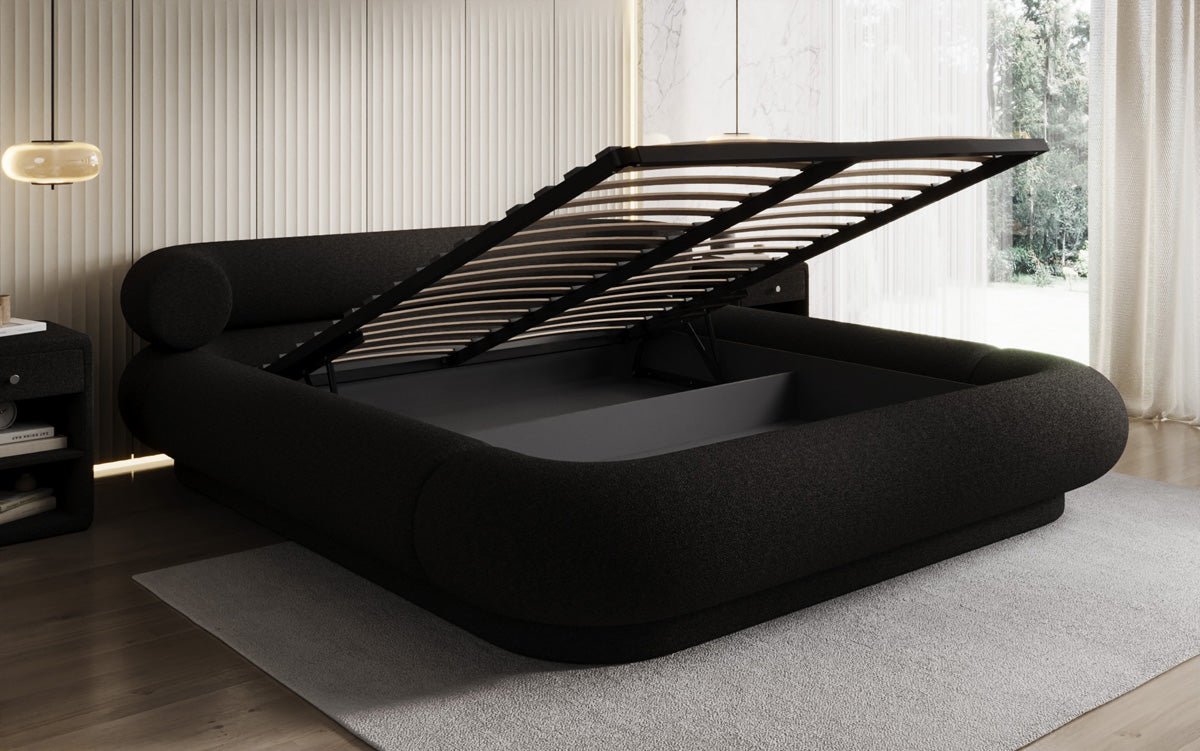 Designer gestoffeerd bed Mochi in Teddystof Bouclé met opbergruimte