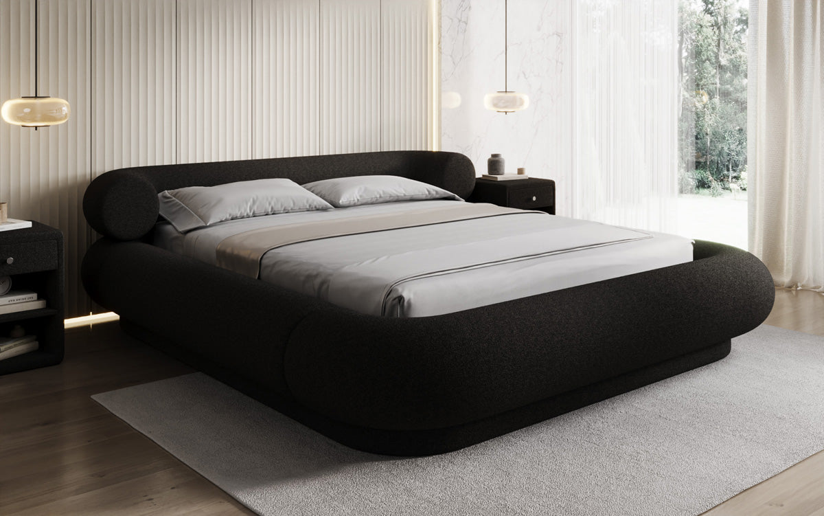 Designer gestoffeerd bed Mochi in Teddystof Bouclé met opbergruimte