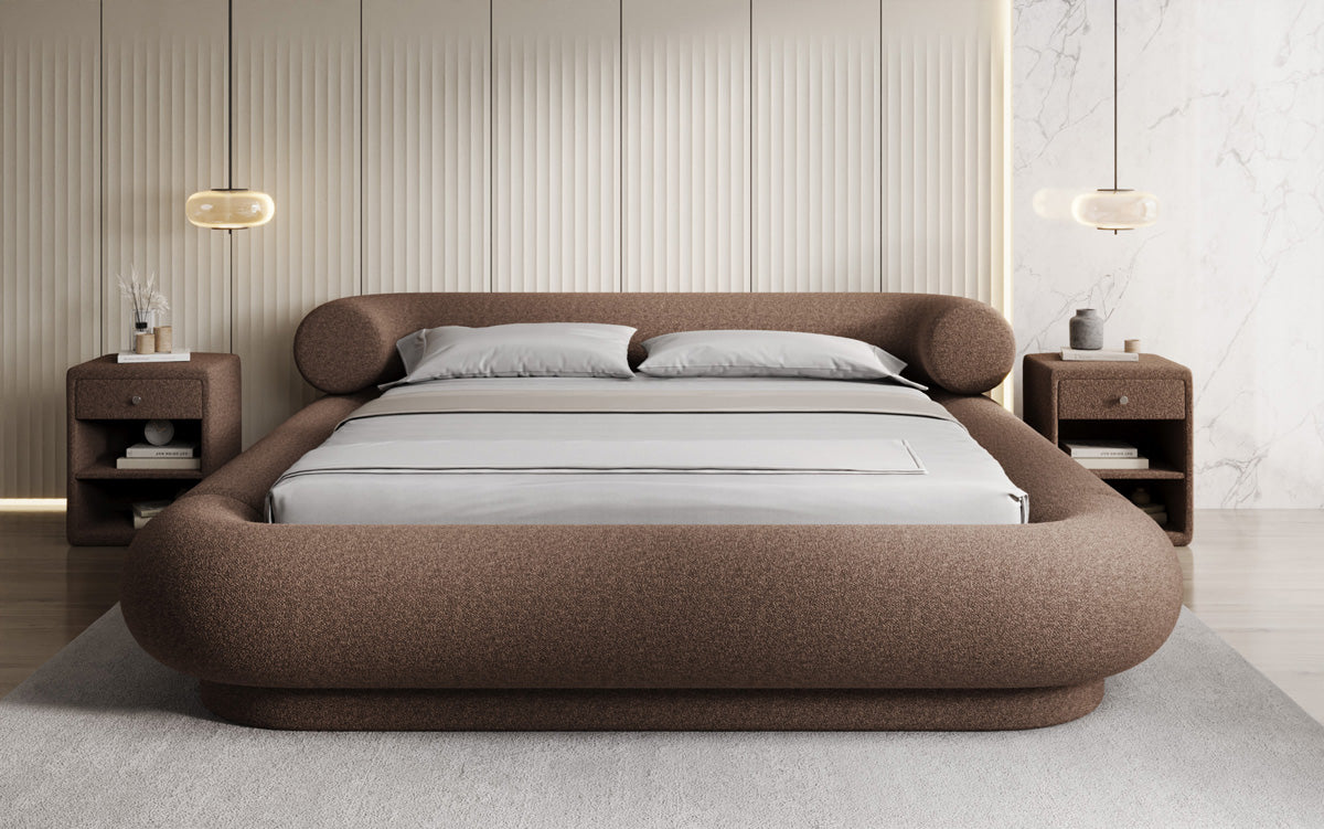 Designer gestoffeerd bed Mochi in Teddystof Bouclé met opbergruimte