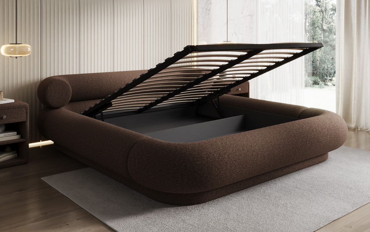 Designer gestoffeerd bed Mochi in Teddystof Bouclé met opbergruimte