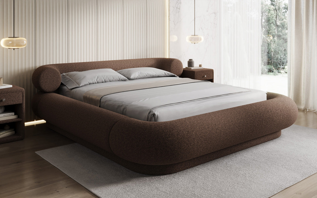 Designer gestoffeerd bed Mochi in Teddystof Bouclé met opbergruimte