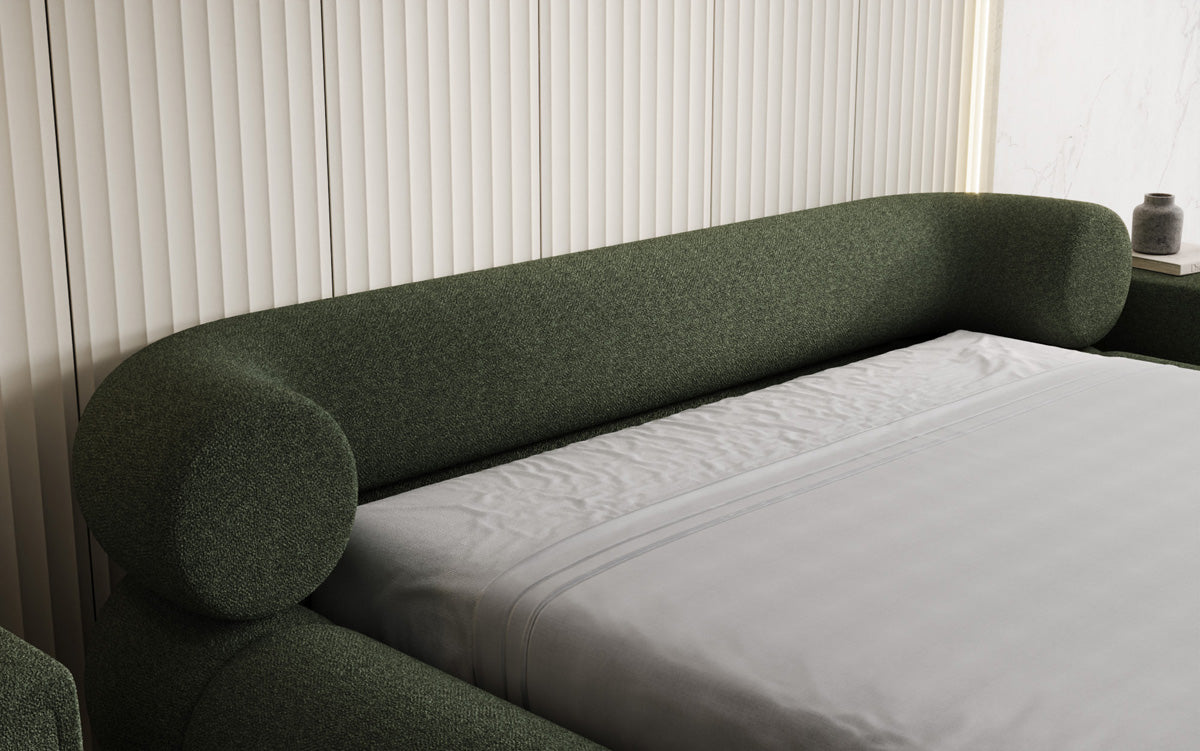 Designer gestoffeerd bed Mochi in Teddystof Bouclé met opbergruimte
