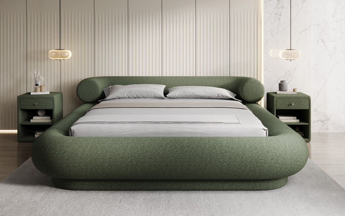 Designer gestoffeerd bed Mochi in Teddystof Bouclé met opbergruimte