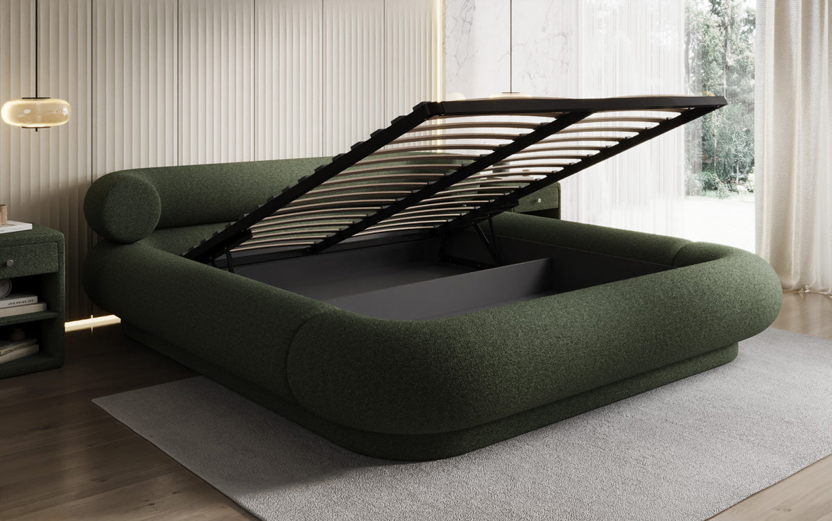 Designer gestoffeerd bed Mochi in Teddystof Bouclé met opbergruimte