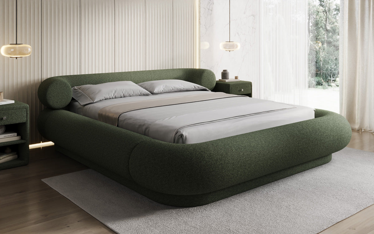 Designer gestoffeerd bed Mochi in Teddystof Bouclé met opbergruimte