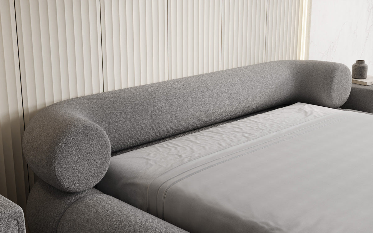 Designer gestoffeerd bed Mochi in Teddystof Bouclé met opbergruimte
