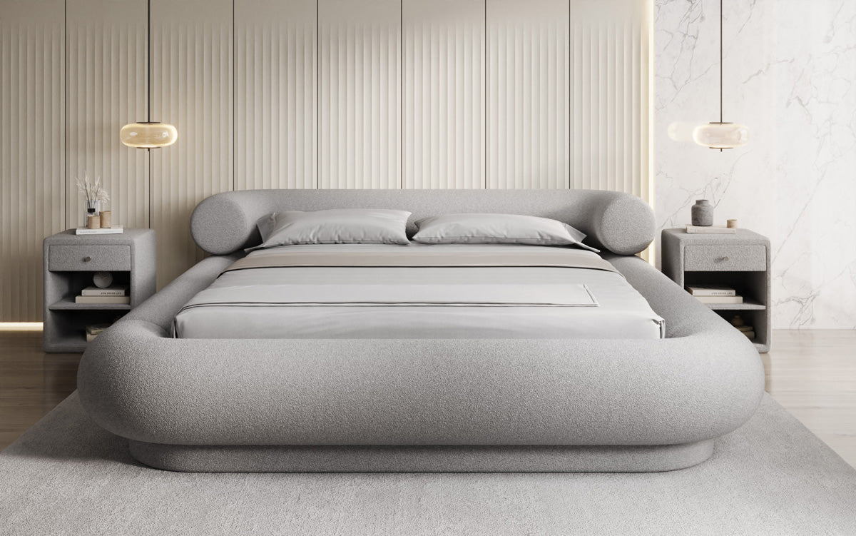 Designer gestoffeerd bed Mochi in Teddystof Bouclé met opbergruimte