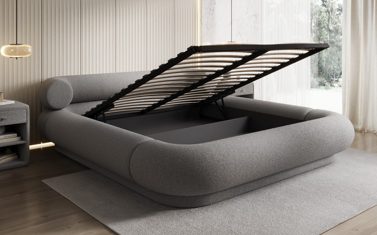 Designer gestoffeerd bed Mochi in Teddystof Bouclé met opbergruimte