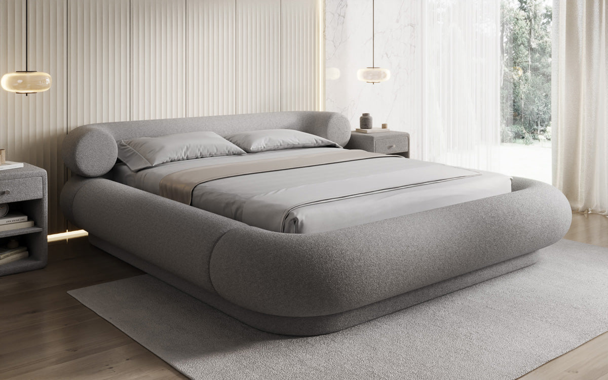 Designer gestoffeerd bed Mochi in Teddystof Bouclé met opbergruimte
