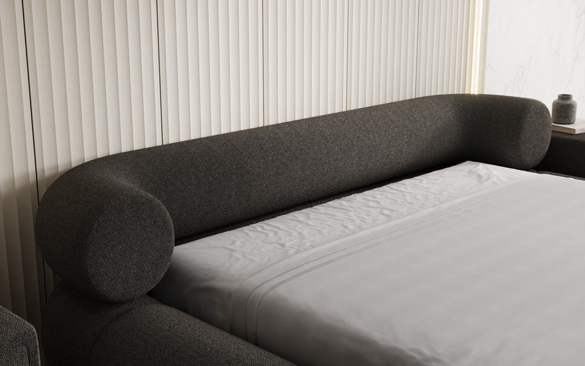 Designer gestoffeerd bed Mochi in Teddystof Bouclé met opbergruimte