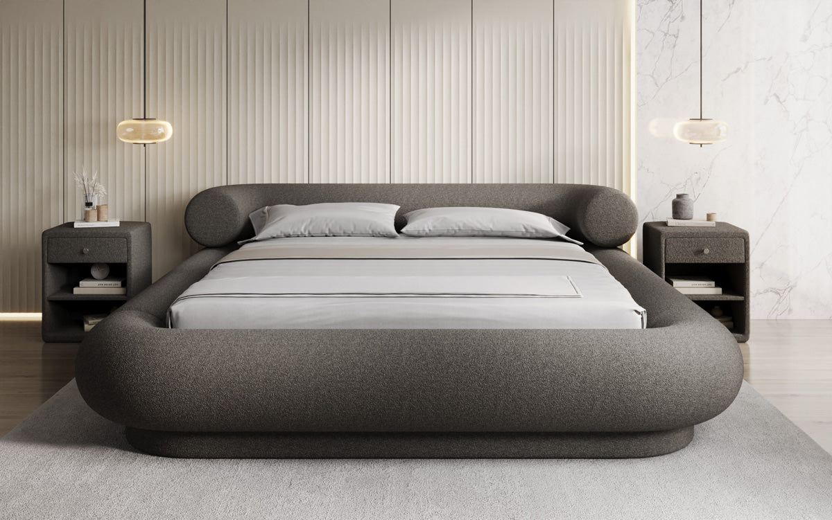 Designer gestoffeerd bed Mochi in Teddystof Bouclé met opbergruimte
